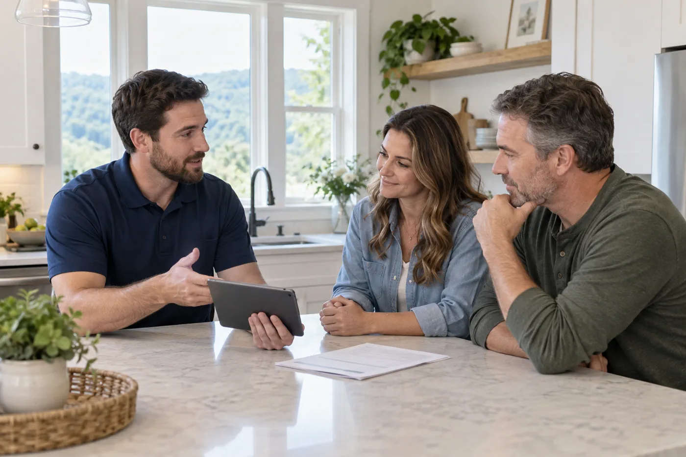 Comfort advisor discussing HVAC options with homeowners in a bright kitchen