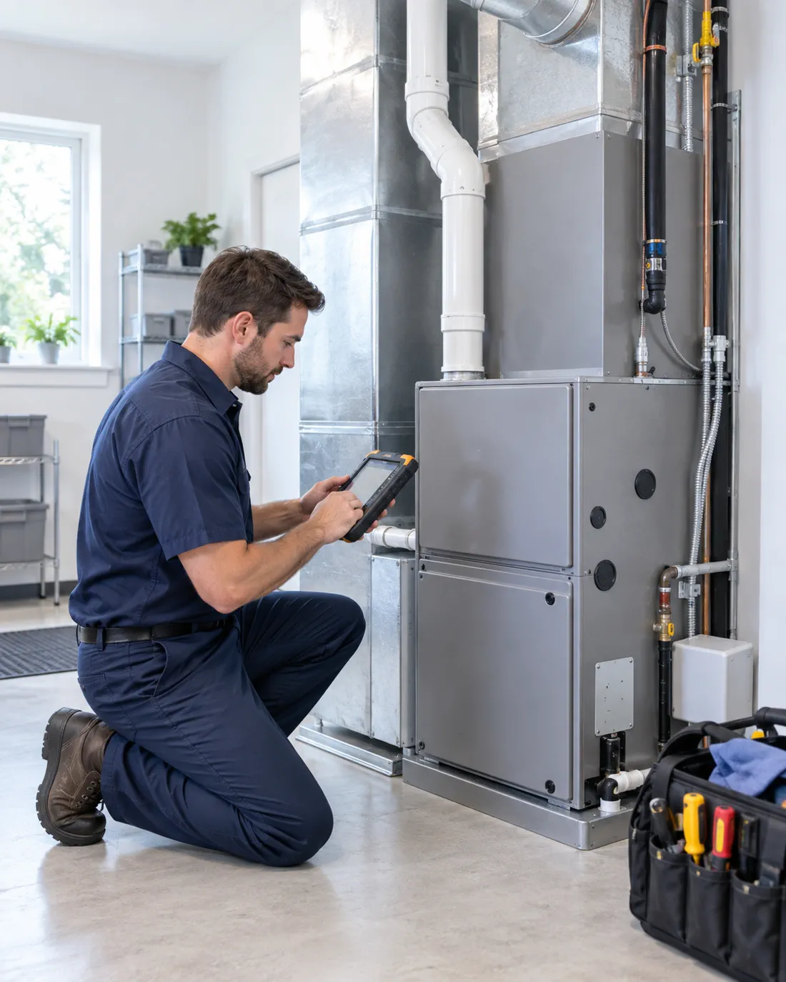 Technician using a diagnostic tool beside a modern indoor HVAC system